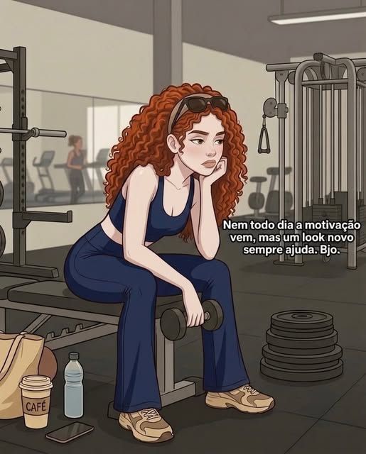 Ilustração da marca com uma mulher sentada no aparelho da academia