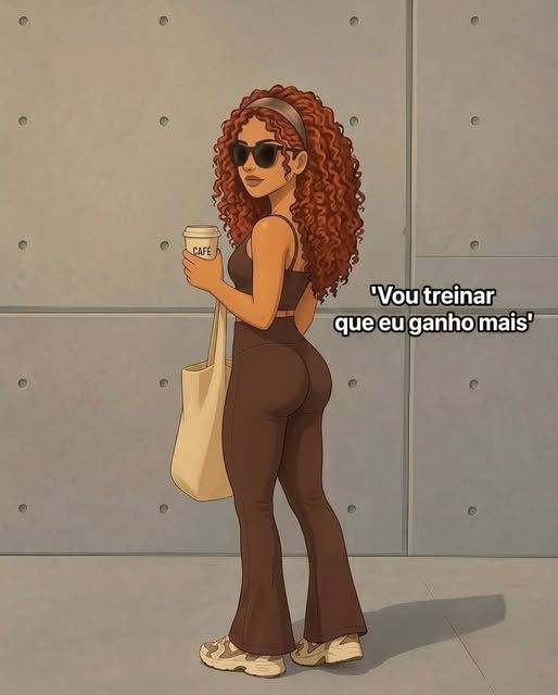 Ilustração da marca com uma mulher caminhando de conjunto marrom